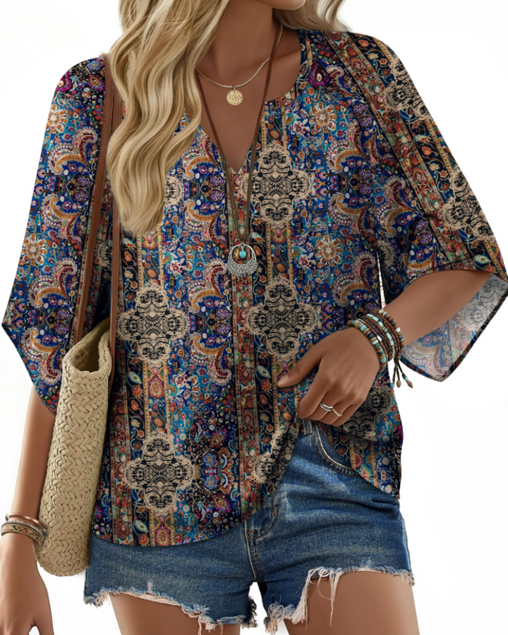 Alira Dámská Blůza Boho – Letní Bavlněná Tunika, Výstřih do V, 3/4 Rukávy, Květinový Vzor