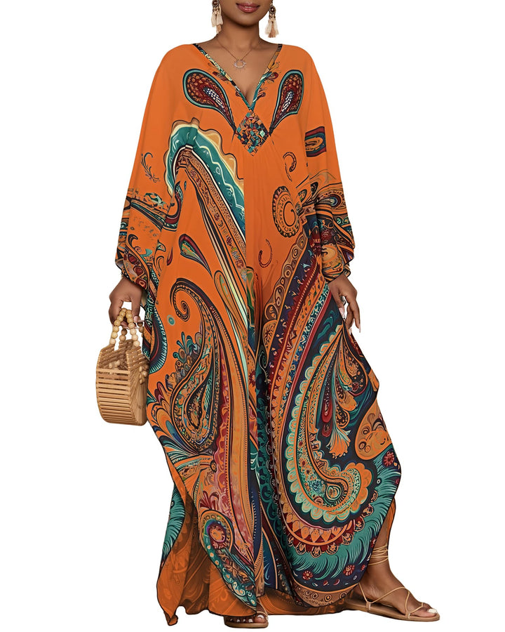 Leila Kaftano Donna Curvy – Stampa Etnica, Scollo a V & Maniche Kimono con Tasche