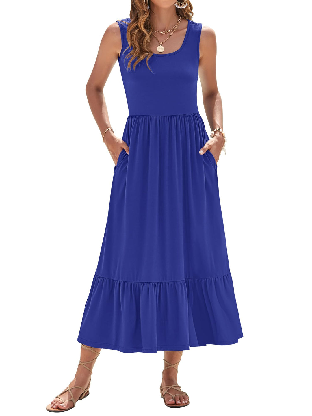 Elisa Robe Maxi Femme – Sans Manches, Col Rond & Taille Empire Florale d'Été