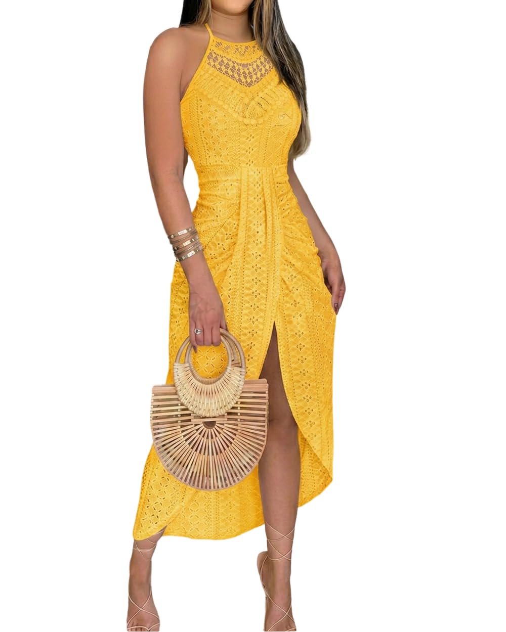 Arla Damen Maxi-Kleid – Neckholder, Sangallo-Stickerei & Eleganter Seitenschlitz für den Sommer