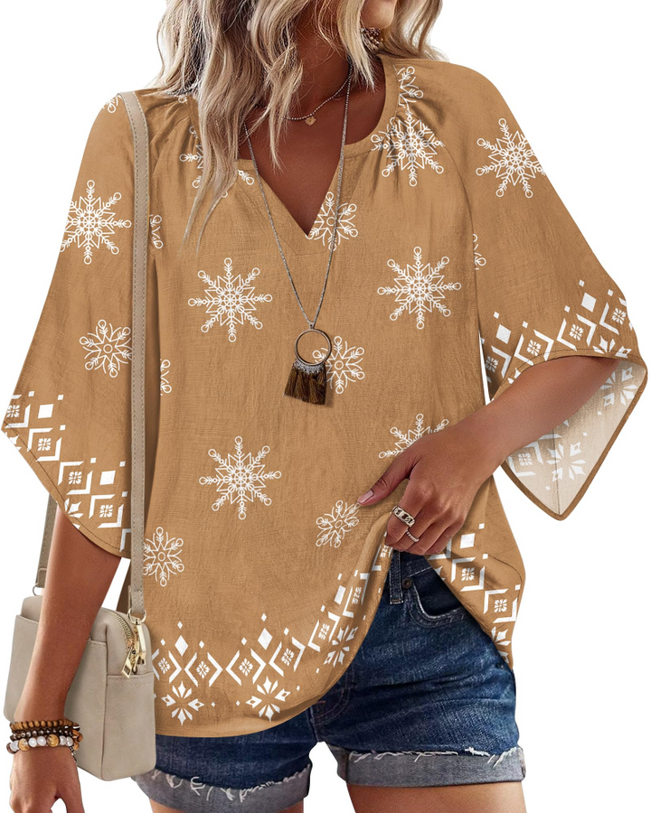 Alira Dámská Blůza Boho – Letní Bavlněná Tunika, Výstřih do V, 3/4 Rukávy, Květinový Vzor