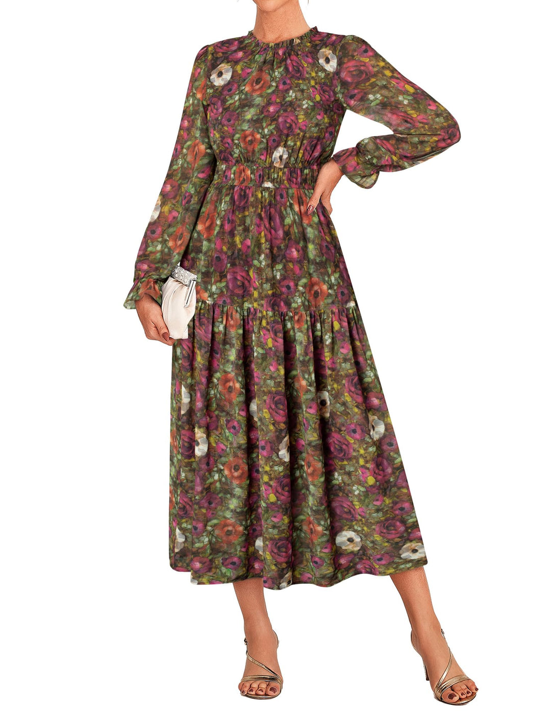 Briseis Damen Maxikleid – Floraler Chiffon, Lange Ärmel & Elegante A-Linie
