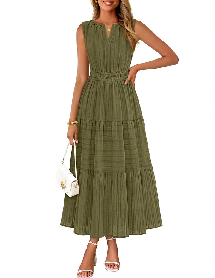 Rochie maxi Camille pentru femei – bumbac jacquard, decolteu în V și croială A-line boho cu buzunare