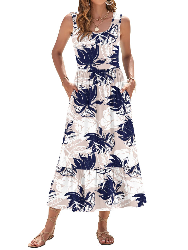 Elisa Robe Maxi Femme – Sans Manches, Col Rond & Taille Empire Florale d'Été
