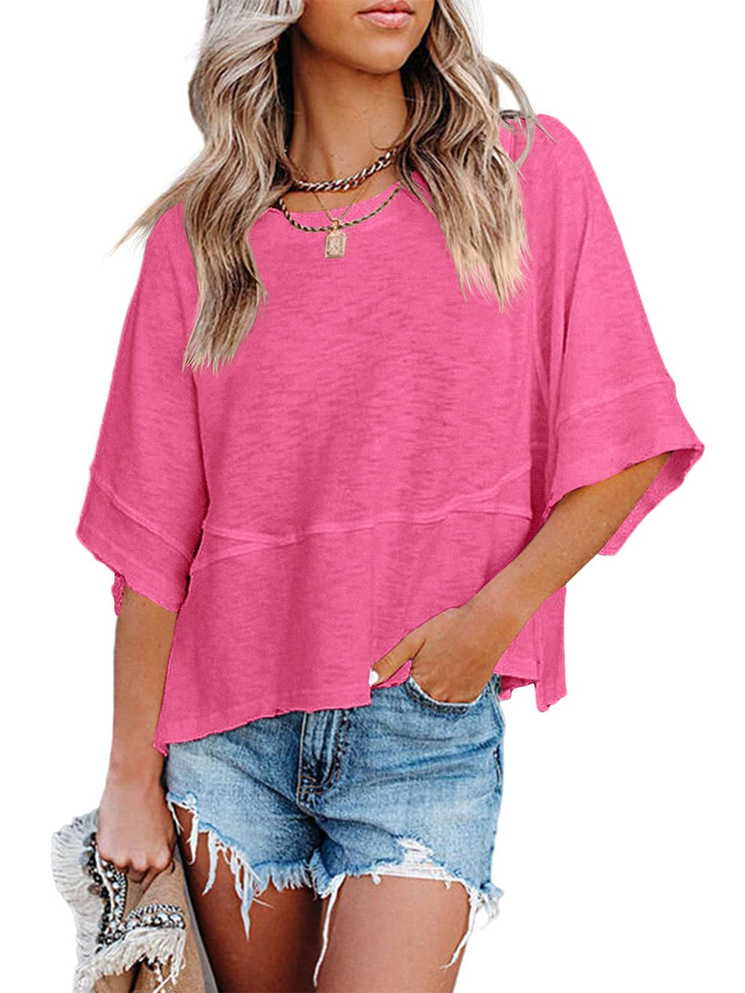 Quenny Top Donna – T-shirt oversize, rękawy nietoperz i casualowa bluzka z okrągłym dekoltem