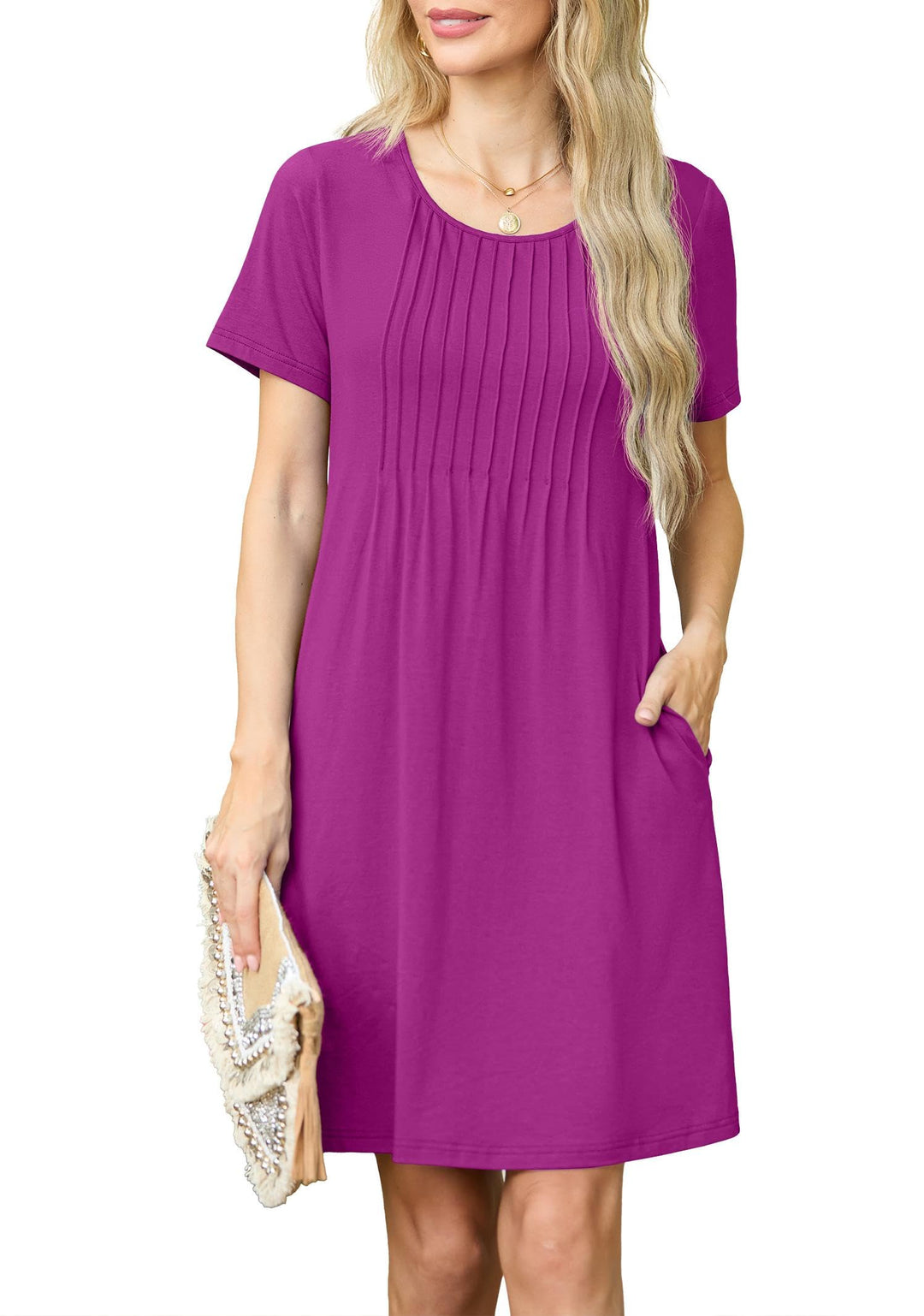 Chiara Sukienka Mini Damska – Okrągły Dekolt, Plisowana i Kieszenie Casual Elegancka Letnia