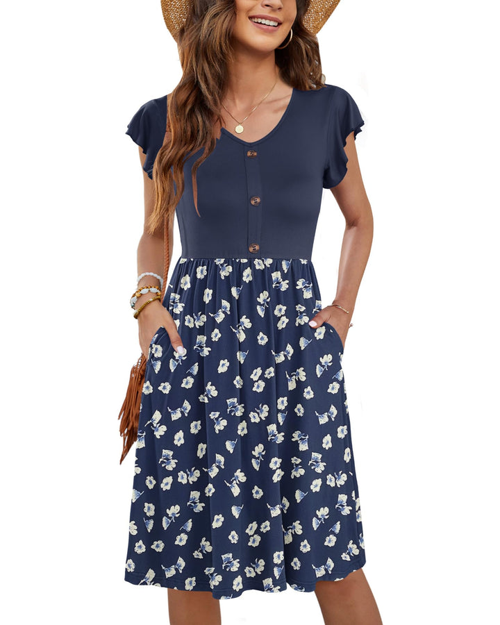 Tarianne Vestito Midi Donna – Scollo a V, Maniche Volant & Vita Elasticizzata con Tasche