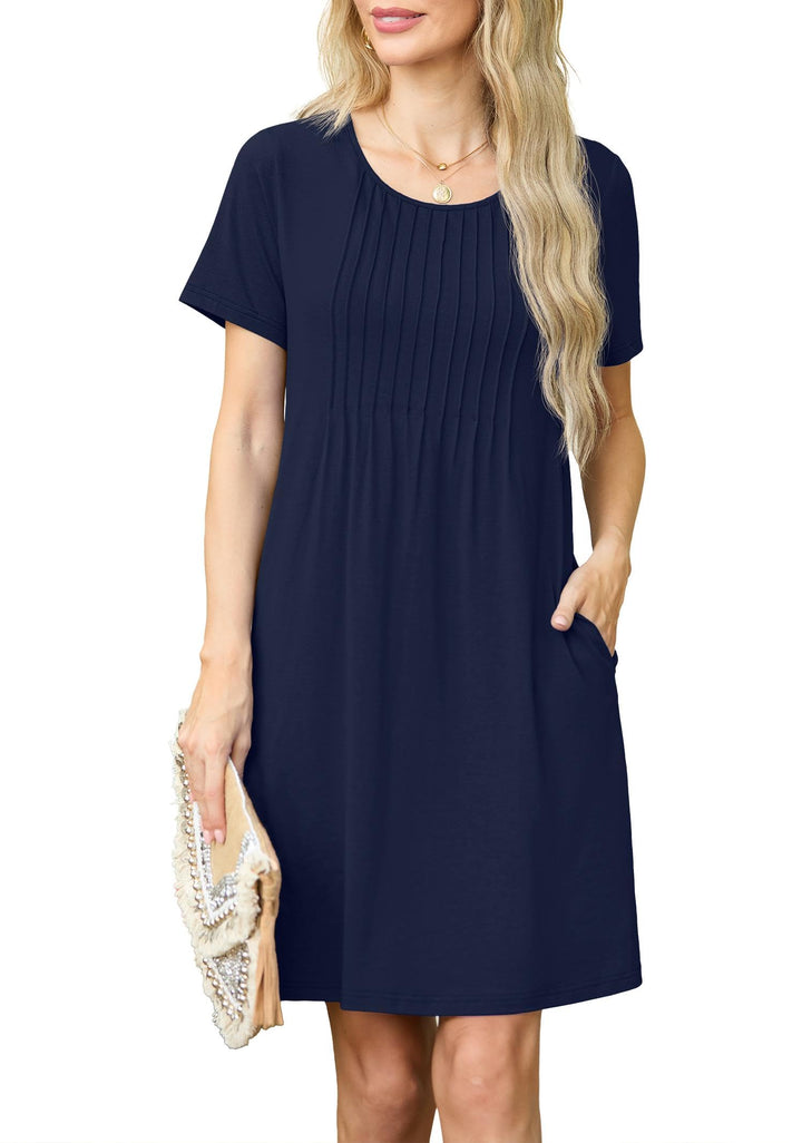 Chiara Sukienka Mini Damska – Okrągły Dekolt, Plisowana i Kieszenie Casual Elegancka Letnia