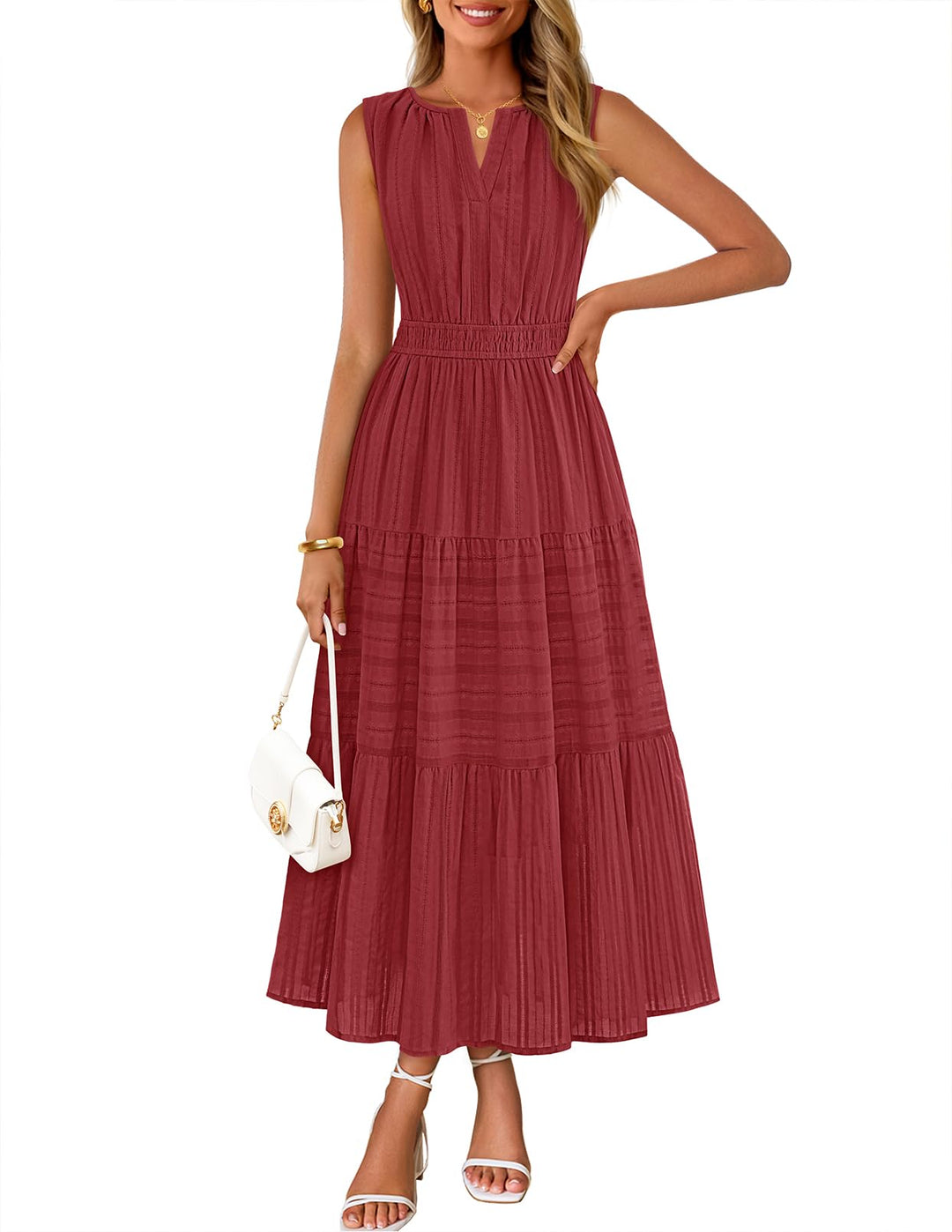 Rochie maxi Camille pentru femei – bumbac jacquard, decolteu în V și croială A-line boho cu buzunare