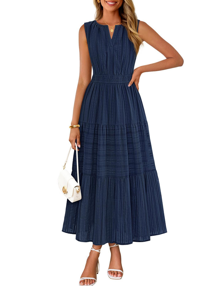 Rochie maxi Camille pentru femei – bumbac jacquard, decolteu în V și croială A-line boho cu buzunare