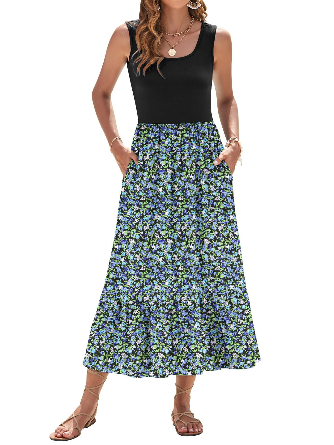 Elisa Robe Maxi Femme – Sans Manches, Col Rond & Taille Empire Florale d'Été