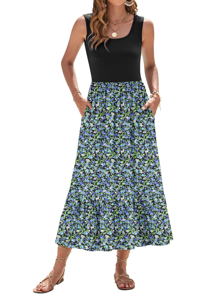 Elisa Robe Maxi Femme – Sans Manches, Col Rond & Taille Empire Florale d'Été