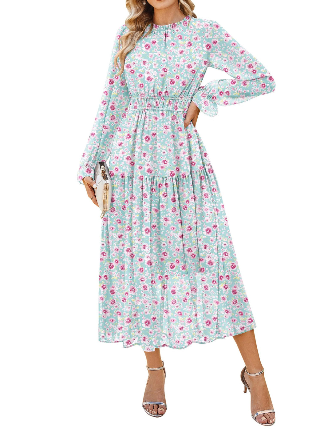 Briseis Damen Maxikleid – Floraler Chiffon, Lange Ärmel & Elegante A-Linie