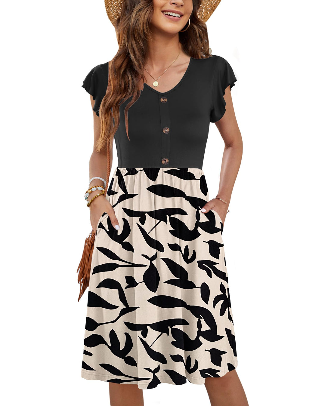 Tarianne Vestito Midi Donna – Scollo a V, Maniche Volant & Vita Elasticizzata con Tasche