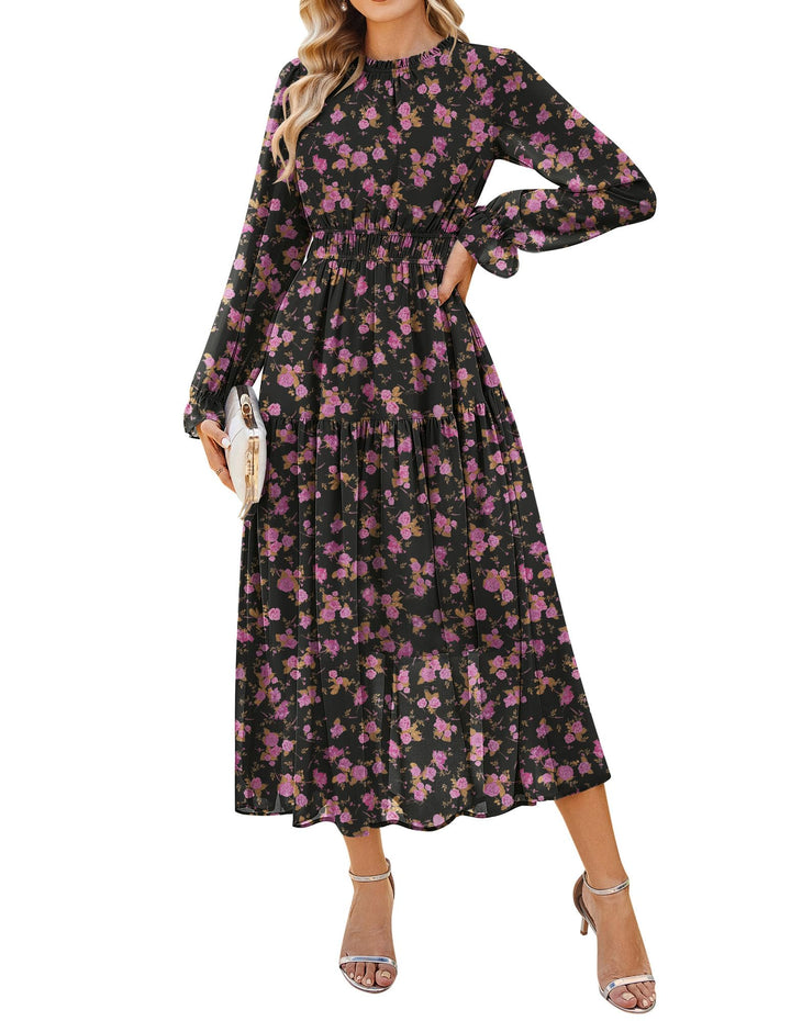 Briseis Damen Maxikleid – Floraler Chiffon, Lange Ärmel & Elegante A-Linie