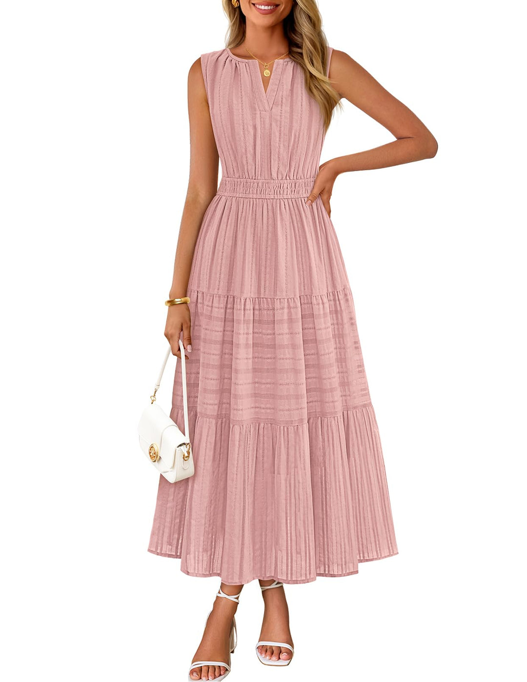 Rochie maxi Camille pentru femei – bumbac jacquard, decolteu în V și croială A-line boho cu buzunare