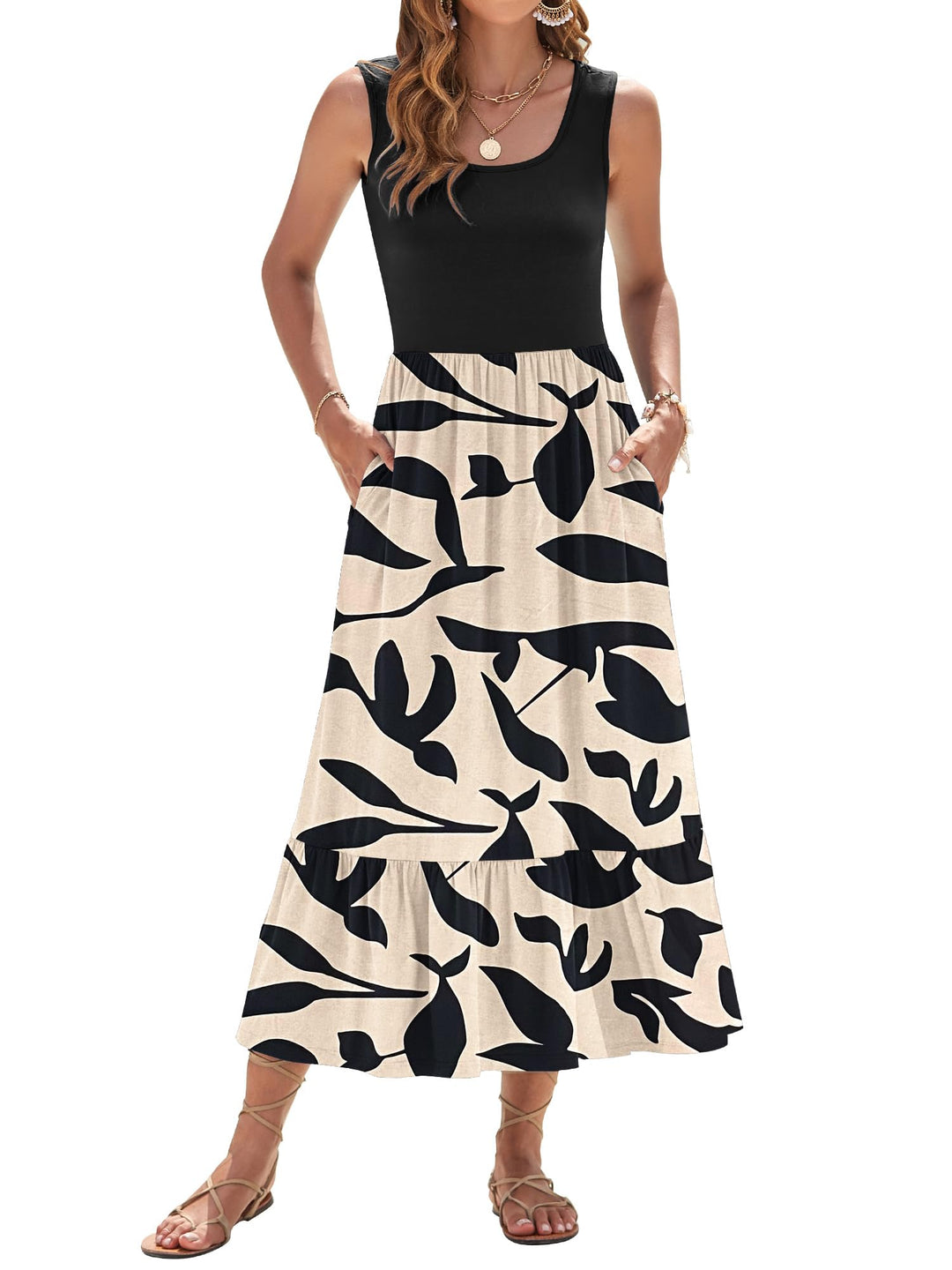 Elisa Robe Maxi Femme – Sans Manches, Col Rond & Taille Empire Florale d'Été