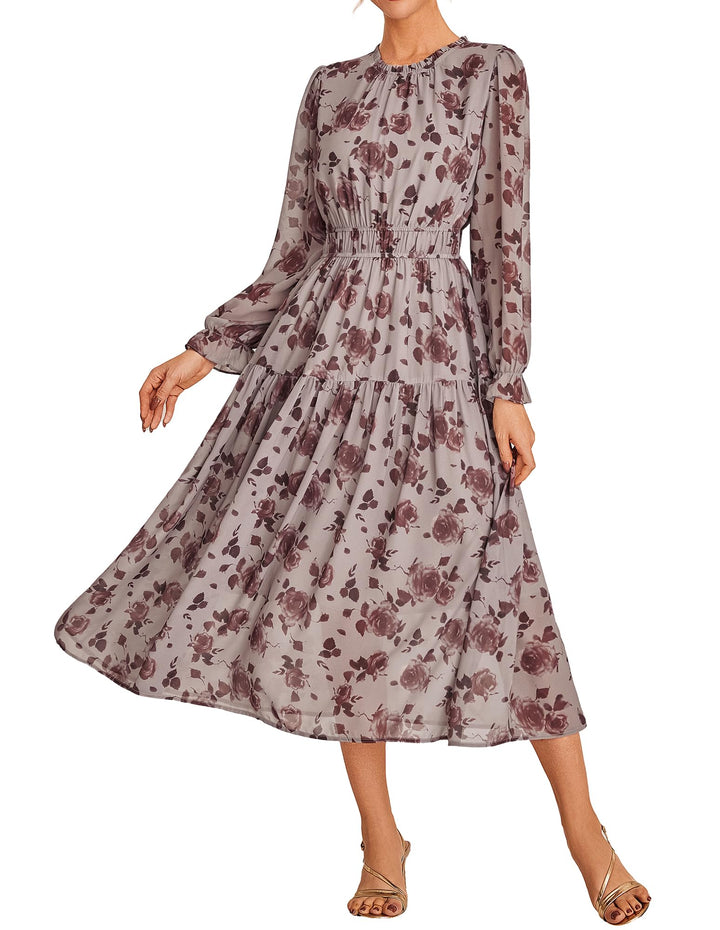 Briseis Damen Maxikleid – Floraler Chiffon, Lange Ärmel & Elegante A-Linie