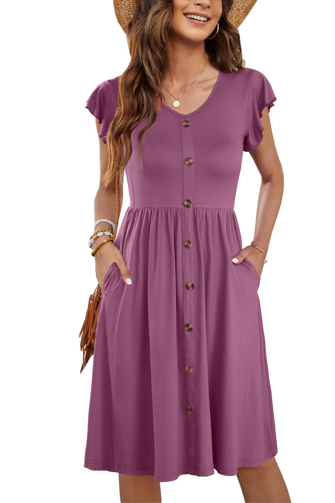 Tarianne Vestito Midi Donna – Scollo a V, Maniche Volant & Vita Elasticizzata con Tasche