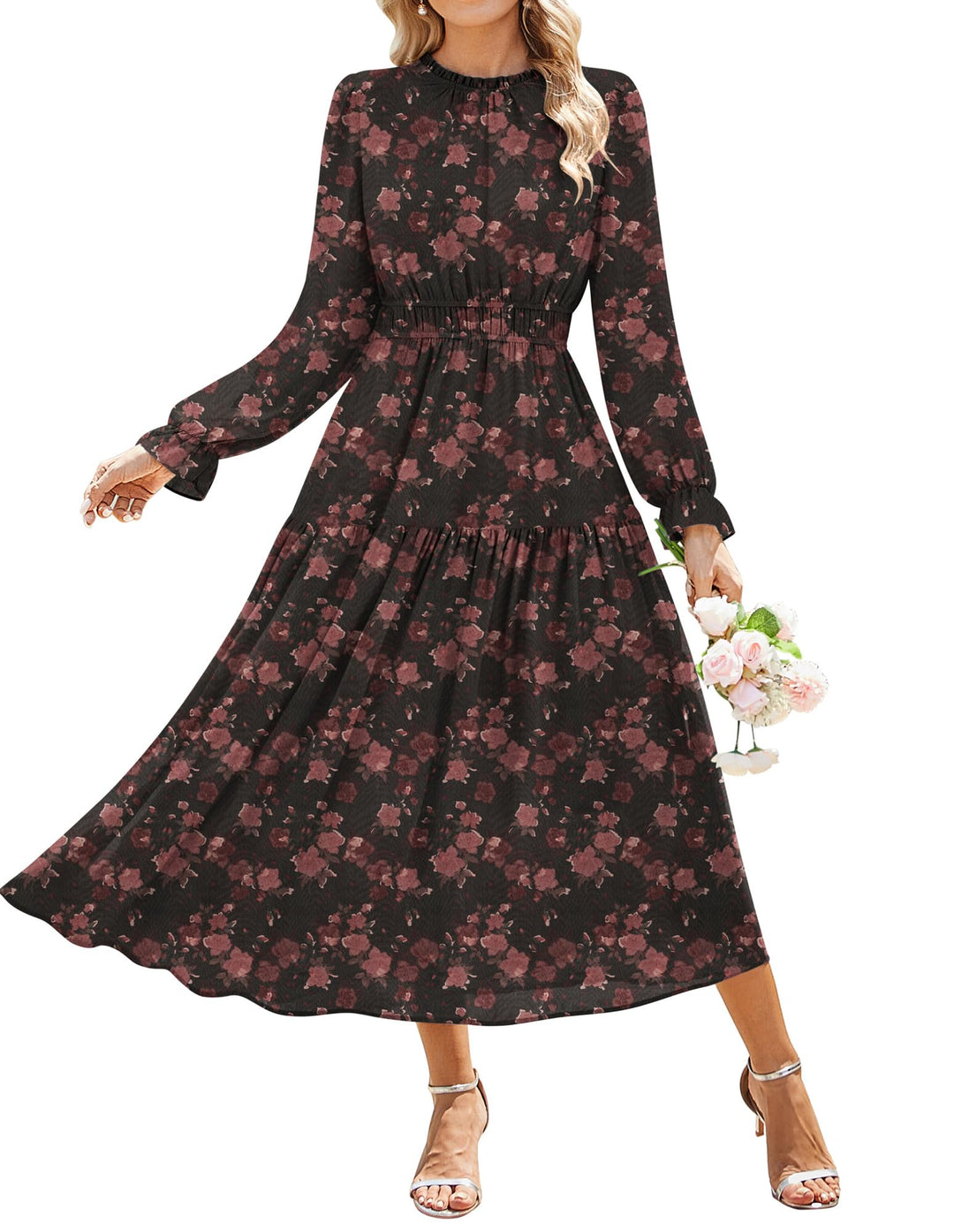 Briseis Damen Maxikleid – Floraler Chiffon, Lange Ärmel & Elegante A-Linie