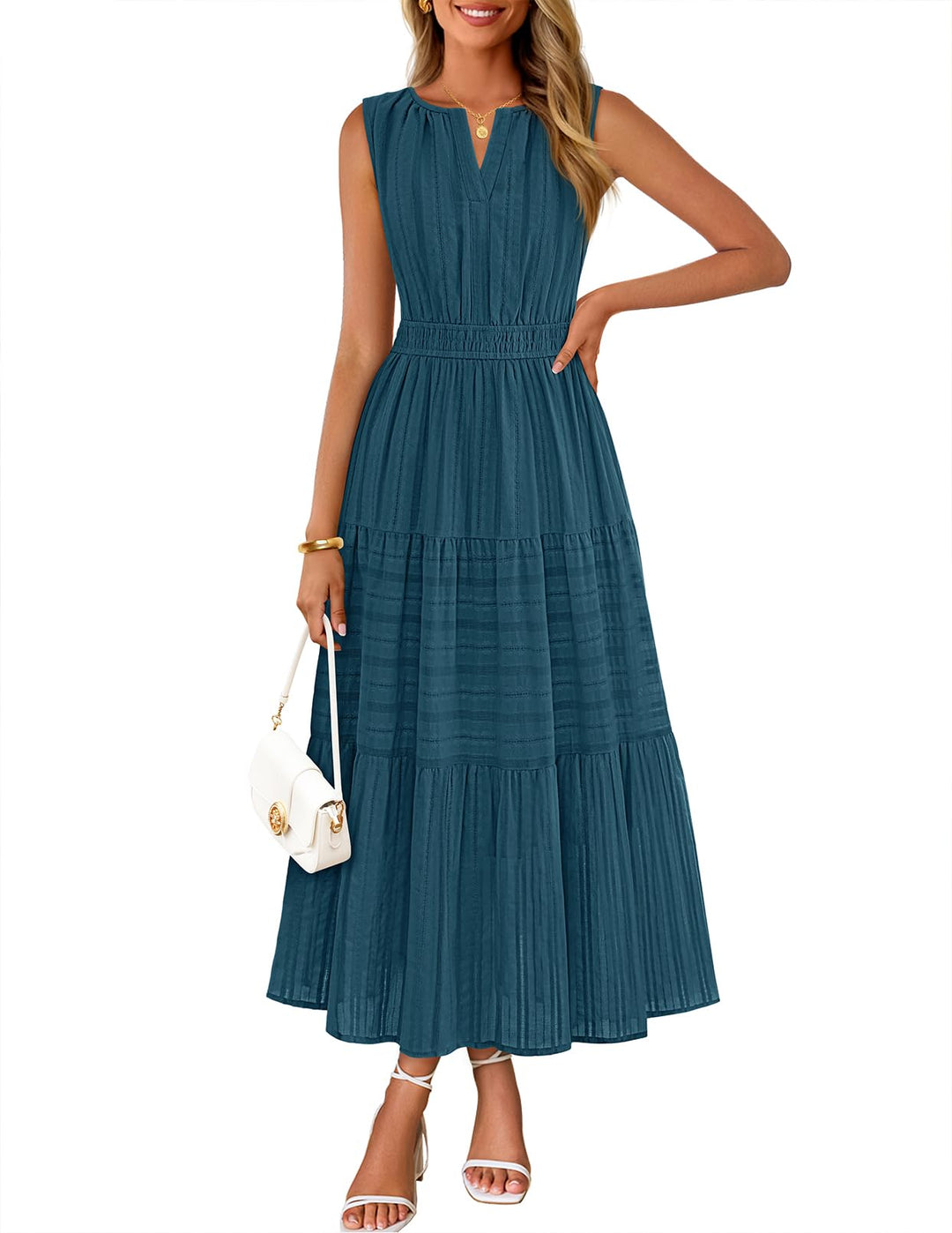 Rochie maxi Camille pentru femei – bumbac jacquard, decolteu în V și croială A-line boho cu buzunare