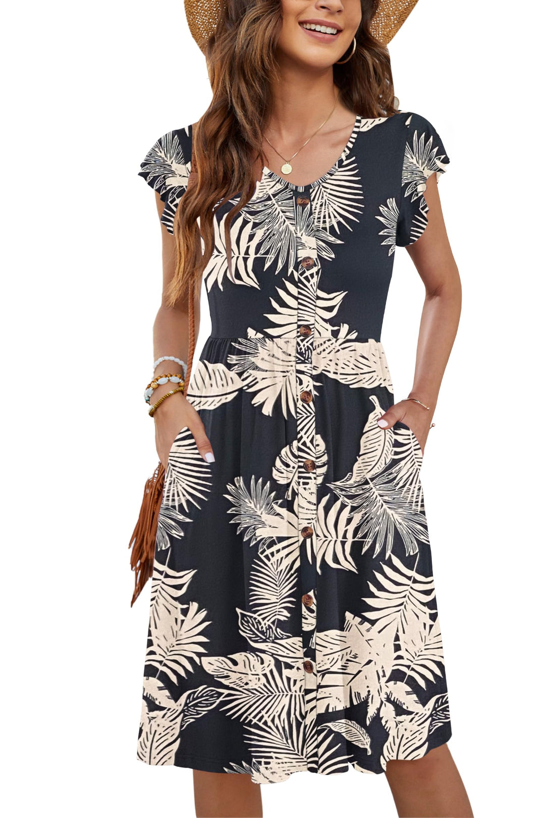 Tarianne Vestito Midi Donna – Scollo a V, Maniche Volant & Vita Elasticizzata con Tasche