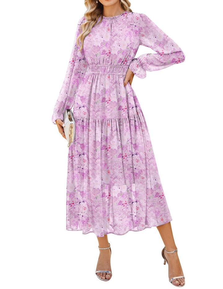 Briseis Damen Maxikleid – Floraler Chiffon, Lange Ärmel & Elegante A-Linie