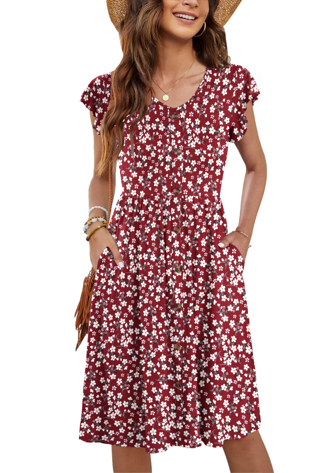 Tarianne Vestito Midi Donna – Scollo a V, Maniche Volant & Vita Elasticizzata con Tasche
