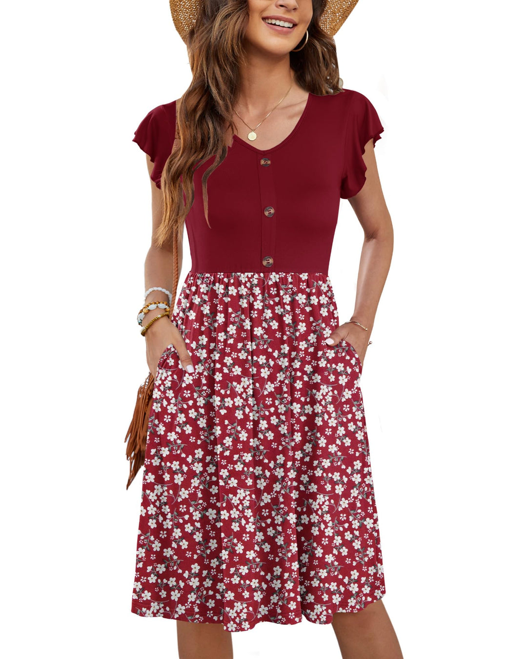 Tarianne Vestito Midi Donna – Scollo a V, Maniche Volant & Vita Elasticizzata con Tasche