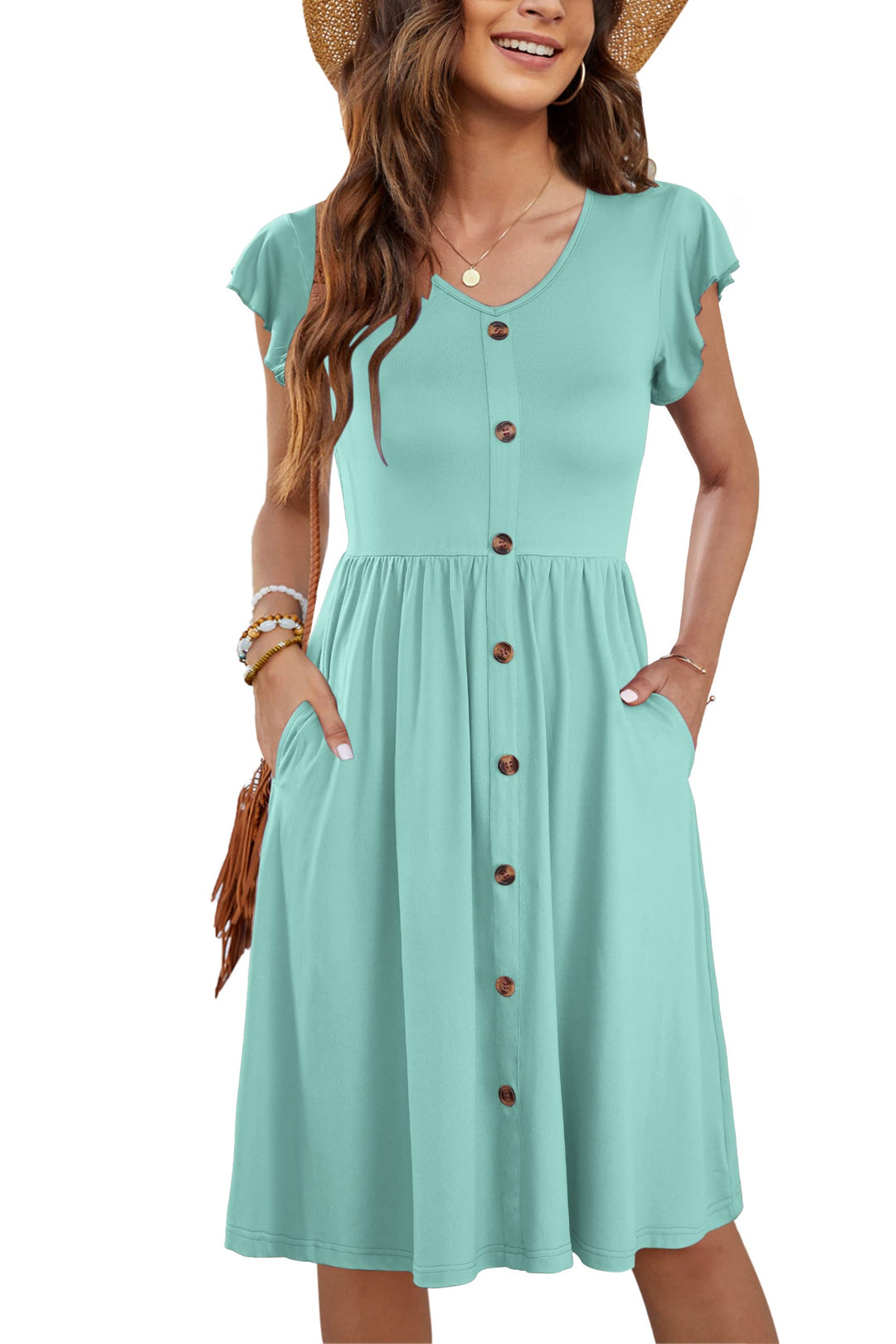 Tarianne Vestito Midi Donna – Scollo a V, Maniche Volant & Vita Elasticizzata con Tasche