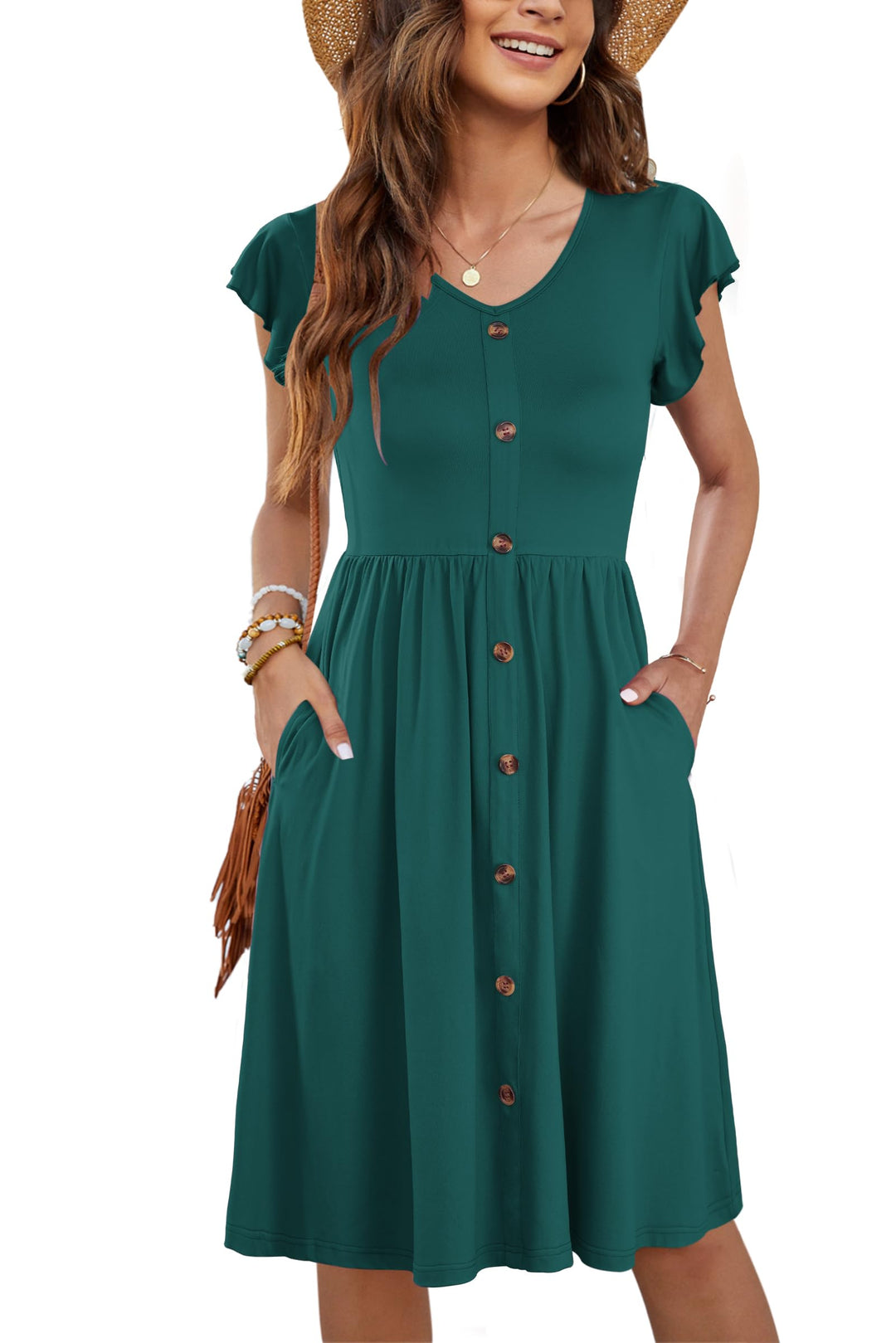 Tarianne Vestito Midi Donna – Scollo a V, Maniche Volant & Vita Elasticizzata con Tasche