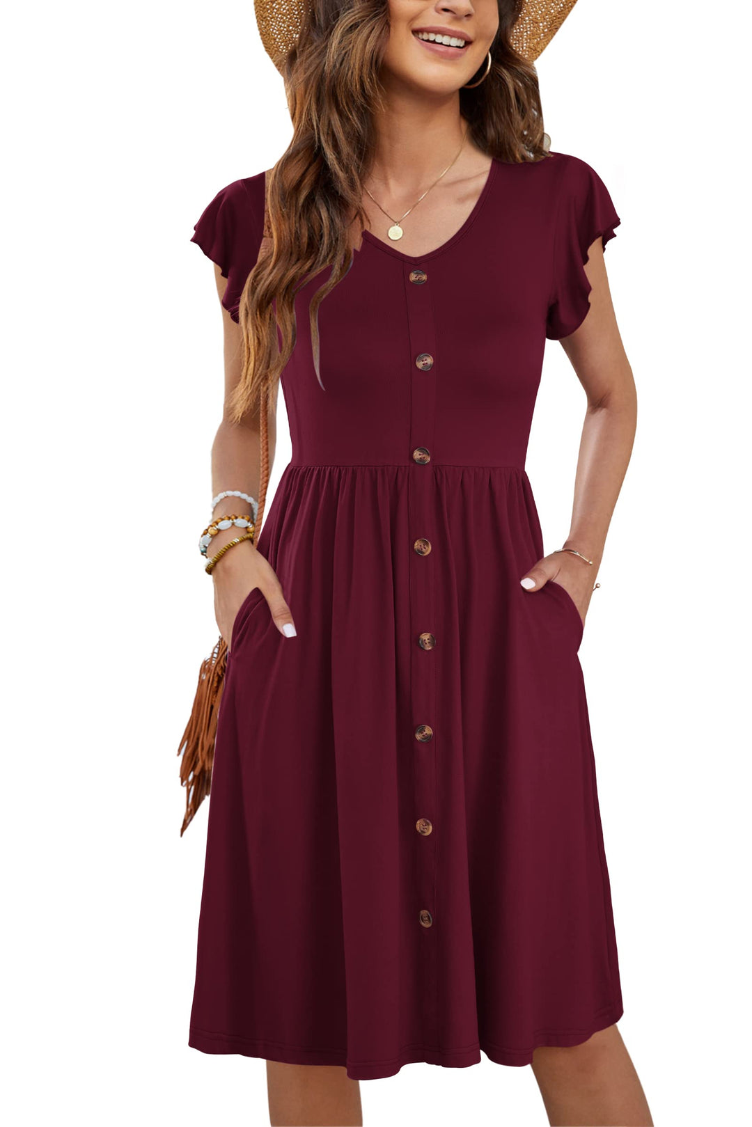 Tarianne Vestito Midi Donna – Scollo a V, Maniche Volant & Vita Elasticizzata con Tasche