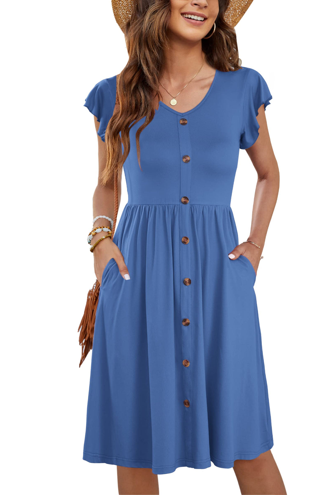 Tarianne Vestito Midi Donna – Scollo a V, Maniche Volant & Vita Elasticizzata con Tasche