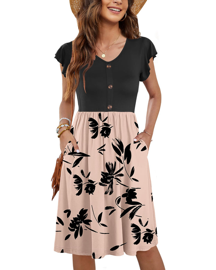 Tarianne Vestito Midi Donna – Scollo a V, Maniche Volant & Vita Elasticizzata con Tasche