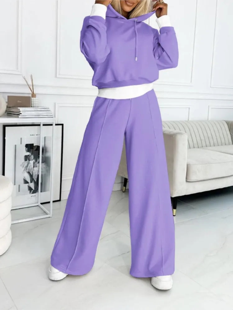 Set top și pantaloni cu picior larg pentru femei | Cu glugă