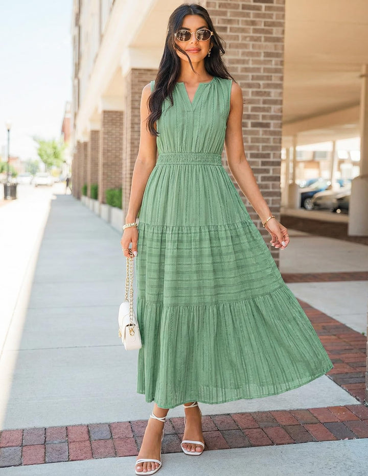 Rochie maxi Camille pentru femei – bumbac jacquard, decolteu în V și croială A-line boho cu buzunare