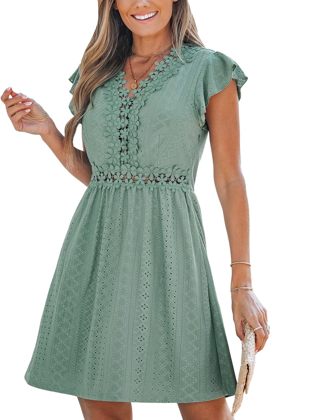 Aria Vestito Donna in Pizzo – Scollo a V, Maniche Flutter & Mini Elegante Estivo