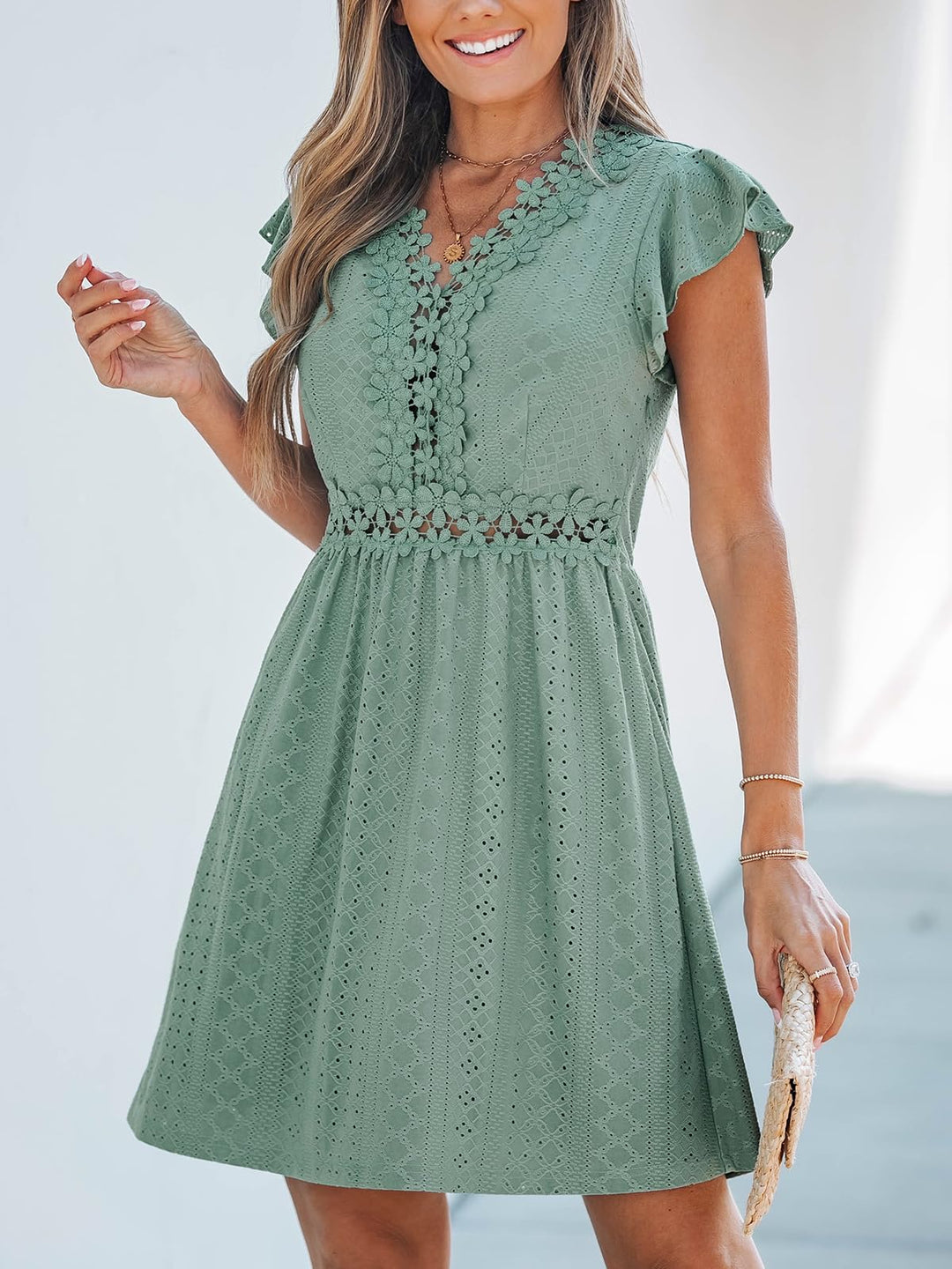Aria Vestito Donna in Pizzo – Scollo a V, Maniche Flutter & Mini Elegante Estivo