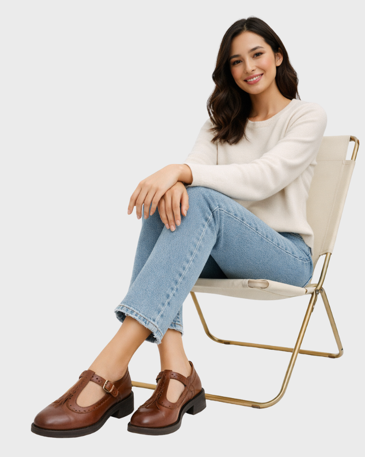 Aria Damskie Buty T-Bar ze Skóry – Buty Vintage z Paskiem i Wygodną Podeszwą