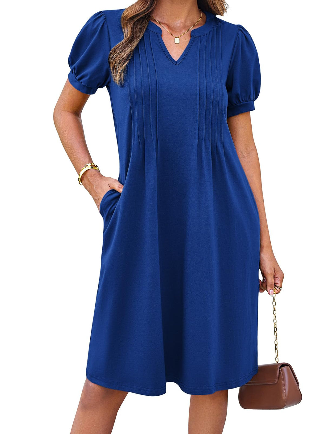 Giada Vestito Midi Donna – Scollo Henley a V, Maniche Corte & A-Line con Tasche