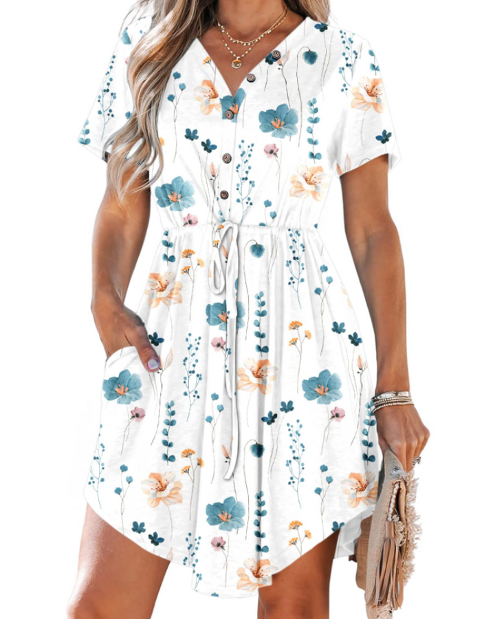 Sara Vestito Midi Donna – Scollo a V, Coulisse in Vita & Abito Casual con Tasche