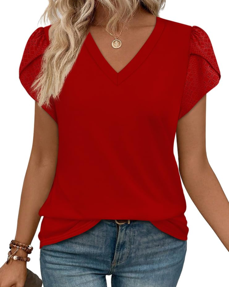 Skylar Blusa Donna Elegante – Scollo a V, Maniche Petalo con Pizzo & Top Casual Chic