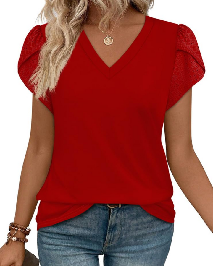 Skylar Blusa Donna Elegante – Scollo a V, Maniche Petalo con Pizzo & Top Casual Chic
