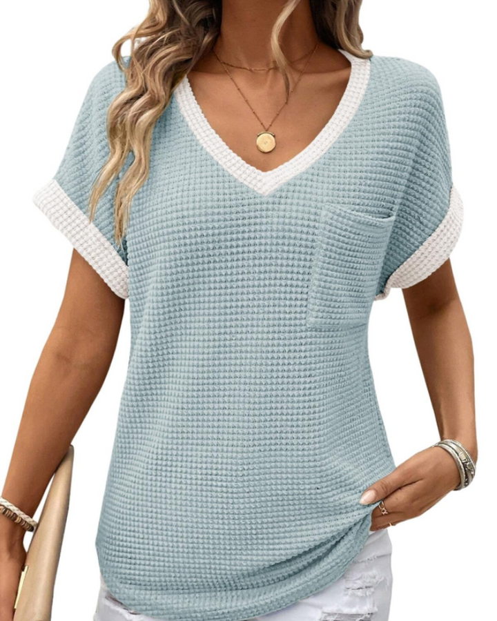 Solene Top Donna – Waffle pletený svetr, výstřih do V a volné tričko na běžné nošení