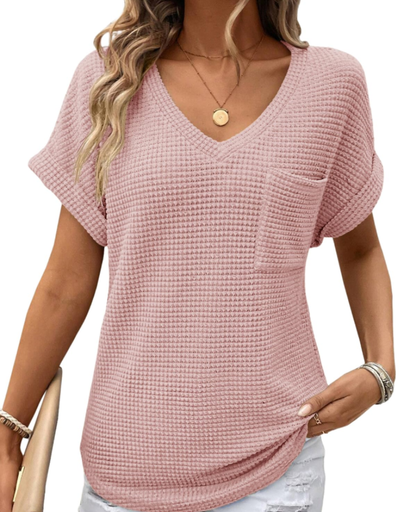 Solene Top Donna – Waffle pletený svetr, výstřih do V a volné tričko na běžné nošení