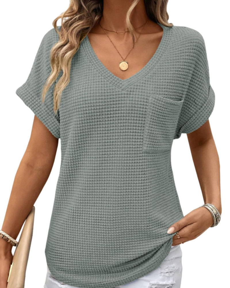 Solene Top Donna – Waffle pletený svetr, výstřih do V a volné tričko na běžné nošení
