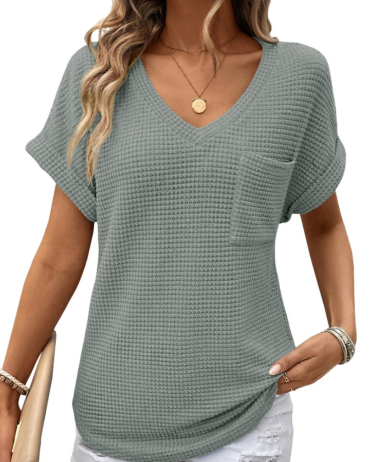 Solene Top Donna – Waffle pletený svetr, výstřih do V a volné tričko na běžné nošení