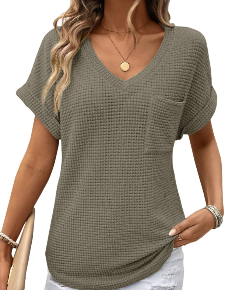 Solene Top Donna – Waffle pletený svetr, výstřih do V a volné tričko na běžné nošení