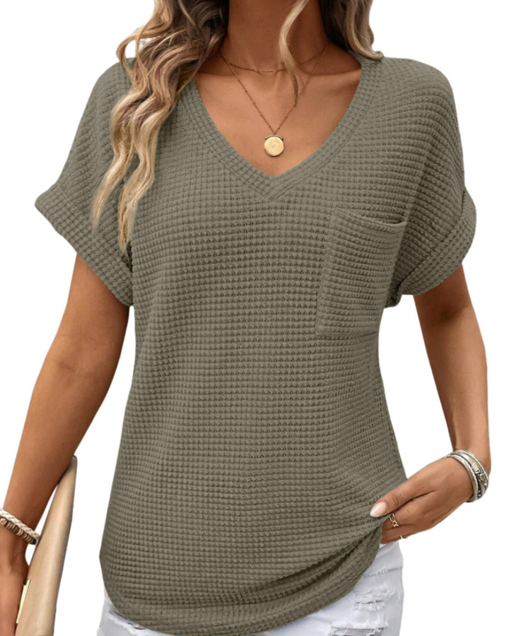 Solene Top Donna – Waffle pletený svetr, výstřih do V a volné tričko na běžné nošení