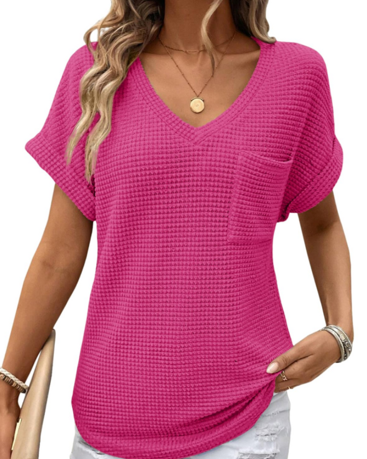 Solene Top Donna – Waffle pletený svetr, výstřih do V a volné tričko na běžné nošení